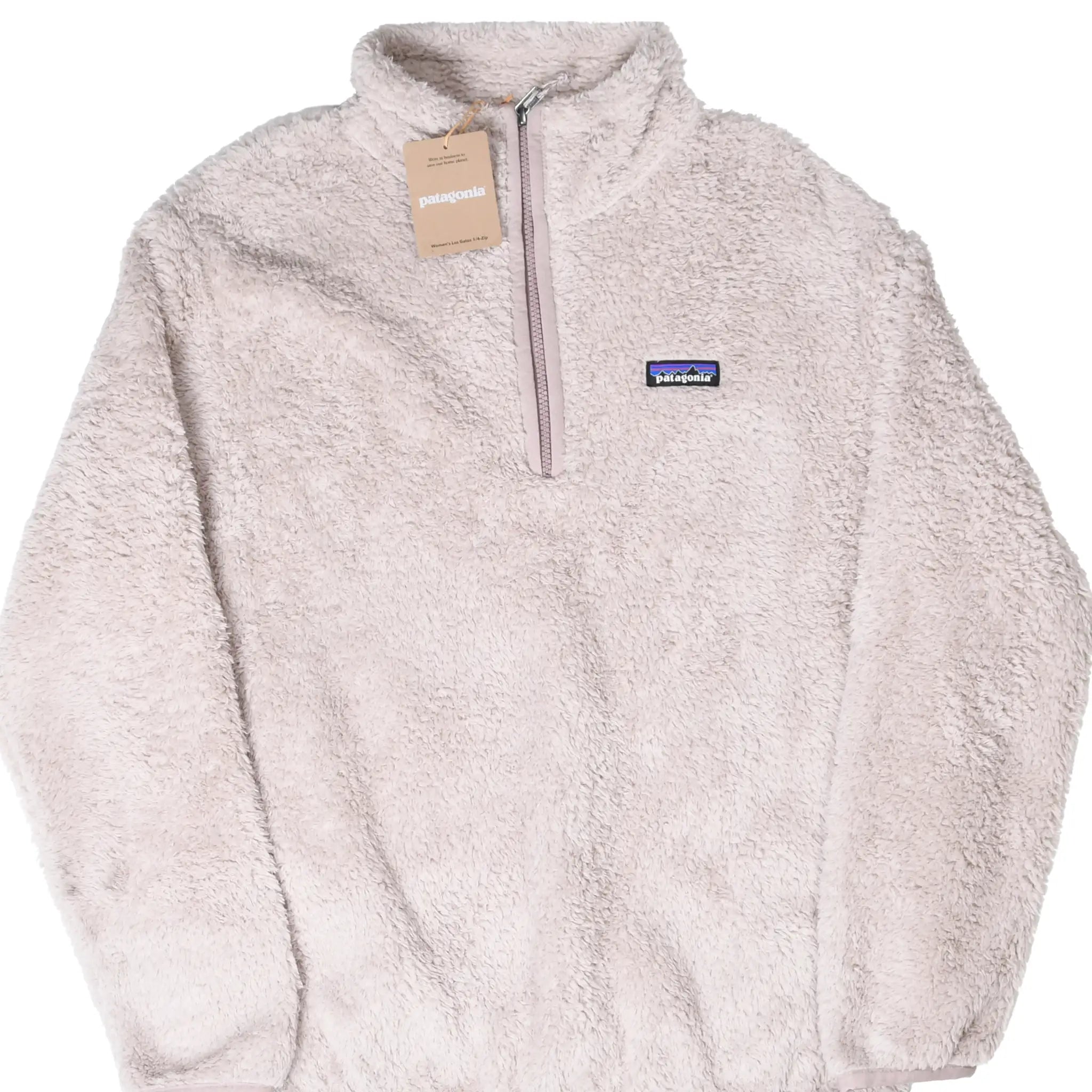 Front of beige Patagonia Women's Los Gatos quarter-zip fleece with hang tag