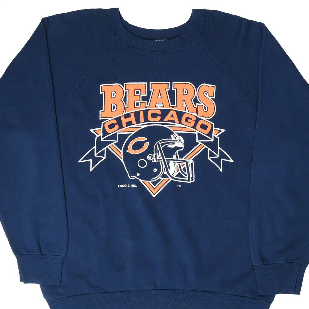 Front of navy Chicago Bears sweatshirt with orange Bears text and football helmet graphic