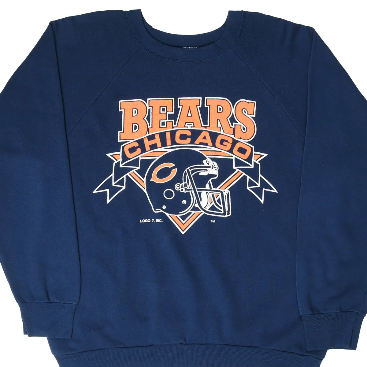 Front of navy Chicago Bears sweatshirt with orange Bears text and football helmet graphic