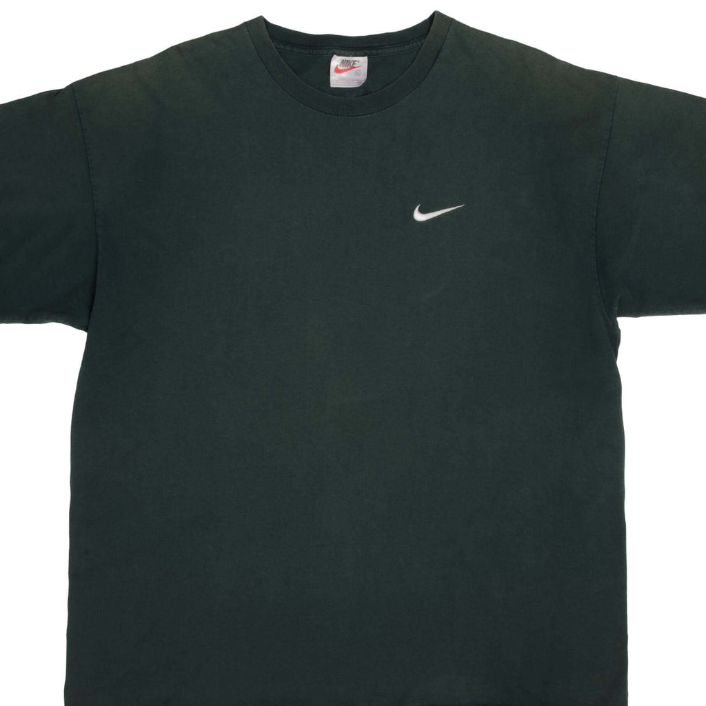 Vintage Nike Small Swoosh Embroidered Green Tee Shirt Late 1990s Size XL Made In USA.