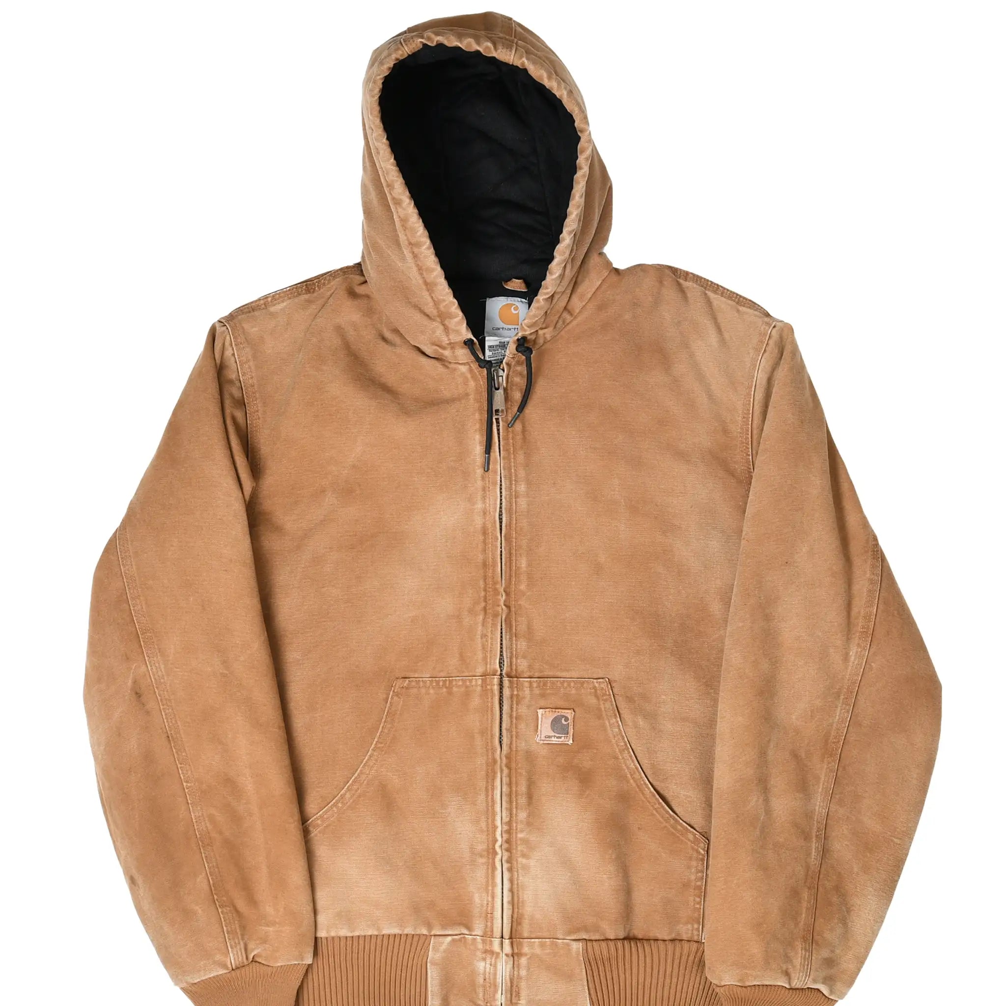Front of brown Carhartt J130 hooded Active Jacket with zipper and patch pockets