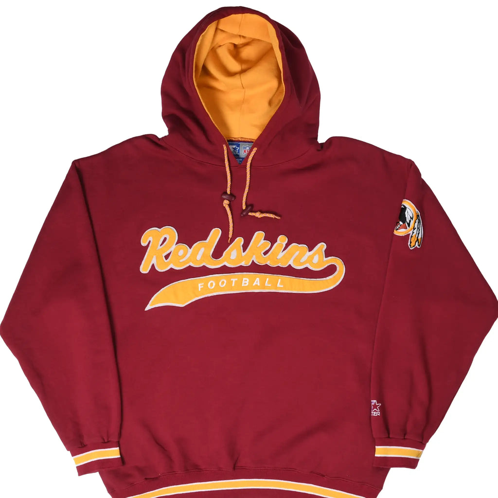 Front of burgundy Washington Redskins Starter hoodie with gold script and embroidered sleeve logo