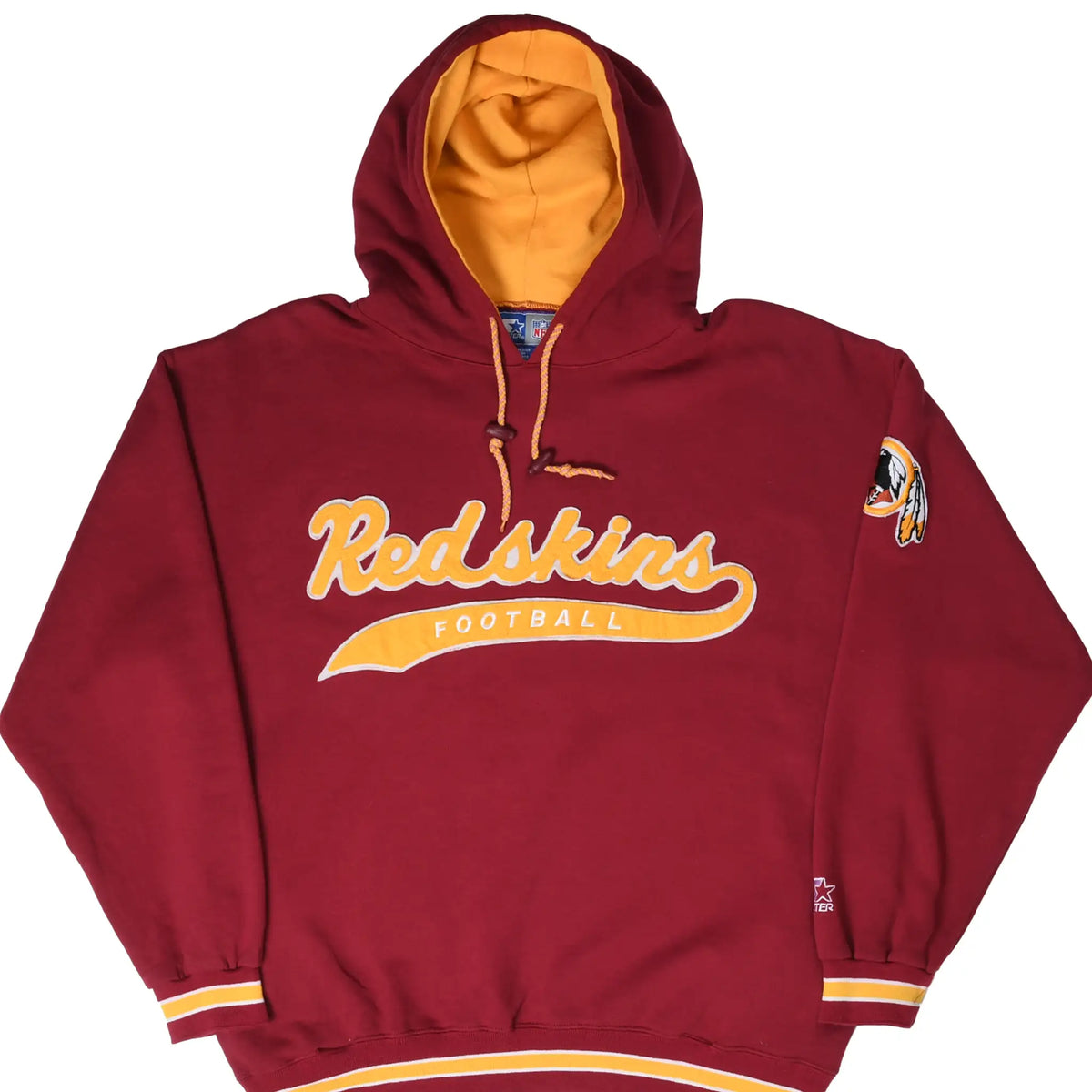 Front of burgundy Washington Redskins Starter hoodie with gold script and embroidered sleeve logo