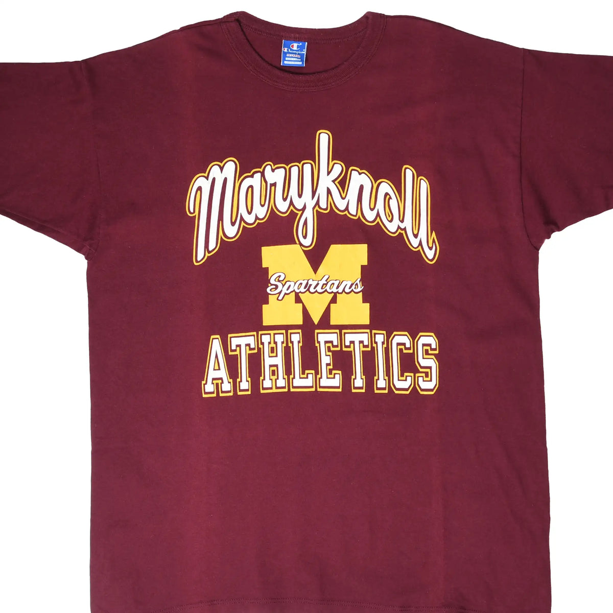 Front of maroon Champion T-shirt with Maryknoll Spartans Athletics graphic