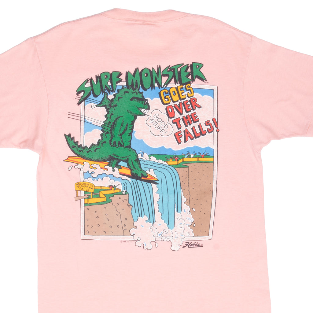 Vintage Surf Monster Niagara Fall Hobie Pink Tee Shirt 1987 Size Small Made In Usa With Single Stitch Sleeves