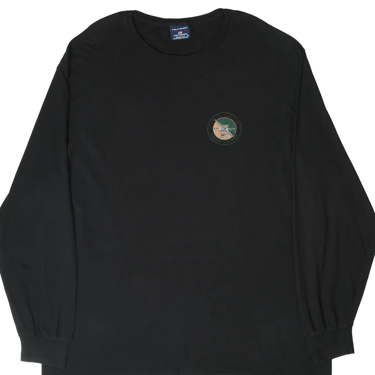 Front of black Polo Sport Ralph Lauren long-sleeve T-shirt with small Desert Rally chest graphic