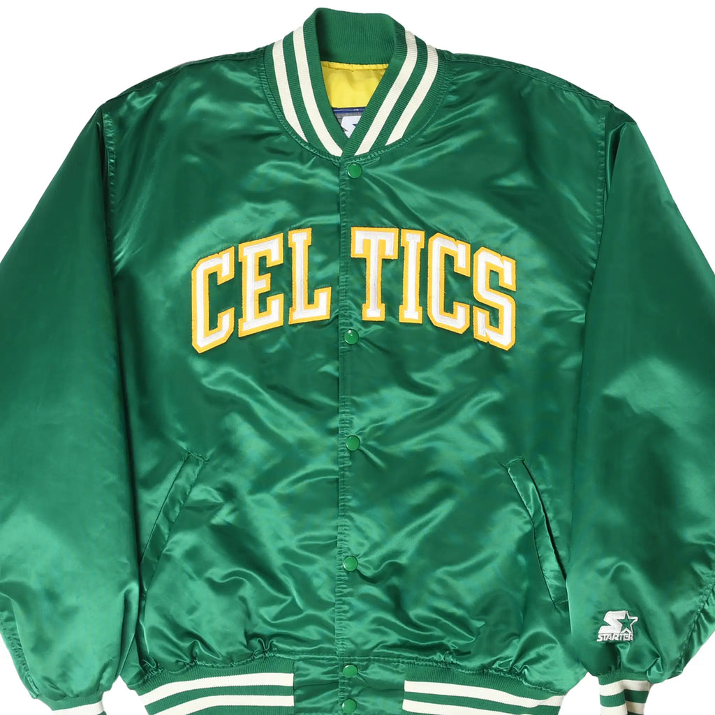 Front of green Boston Celtics Starter satin bomber jacket with white and gold lettering