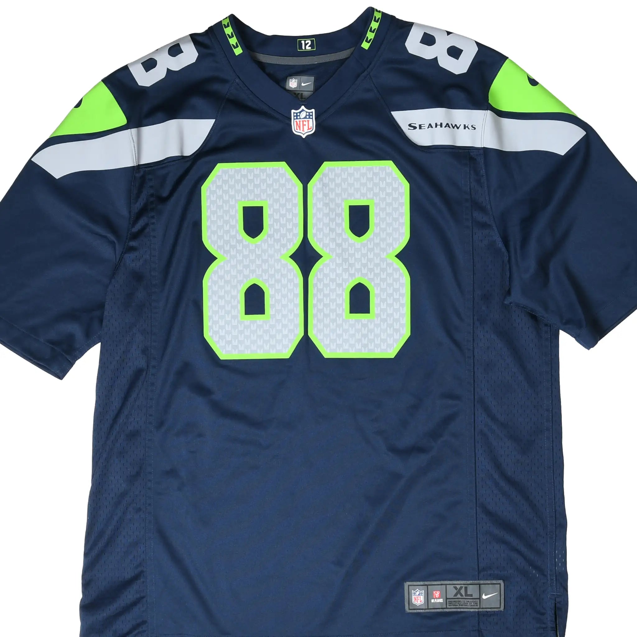 Front of navy Nike Seattle Seahawks Graham 88 NFL jersey with neon green trim