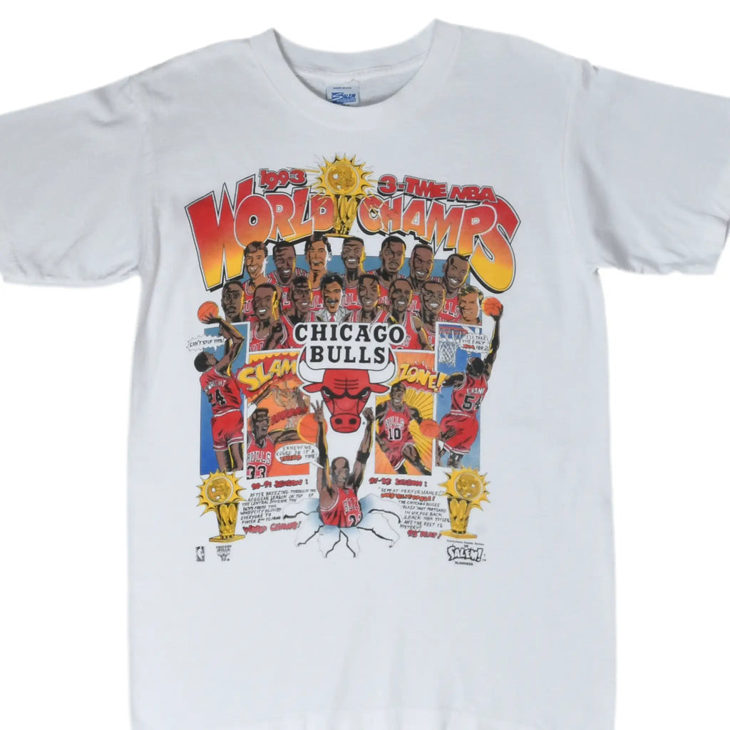 Front of white Chicago Bulls T-shirt with colorful 1993 three-time NBA world champions graphic