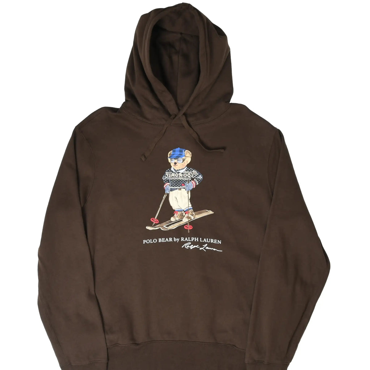 Front of brown Ralph Lauren hoodie with skiing Polo Bear graphic and drawstring hood