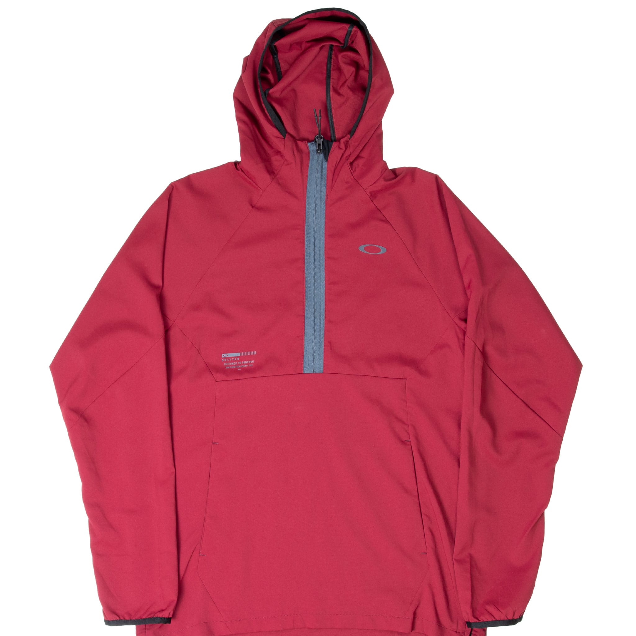 Front of burgundy Oakley hooded pullover windbreaker with gray half-zip and large pouch pocket