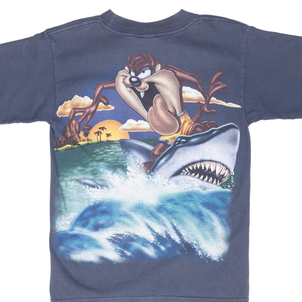 Vintage Looney Tunes Taz Shark Surfing 1997 Tee Shirt Size Small Youth