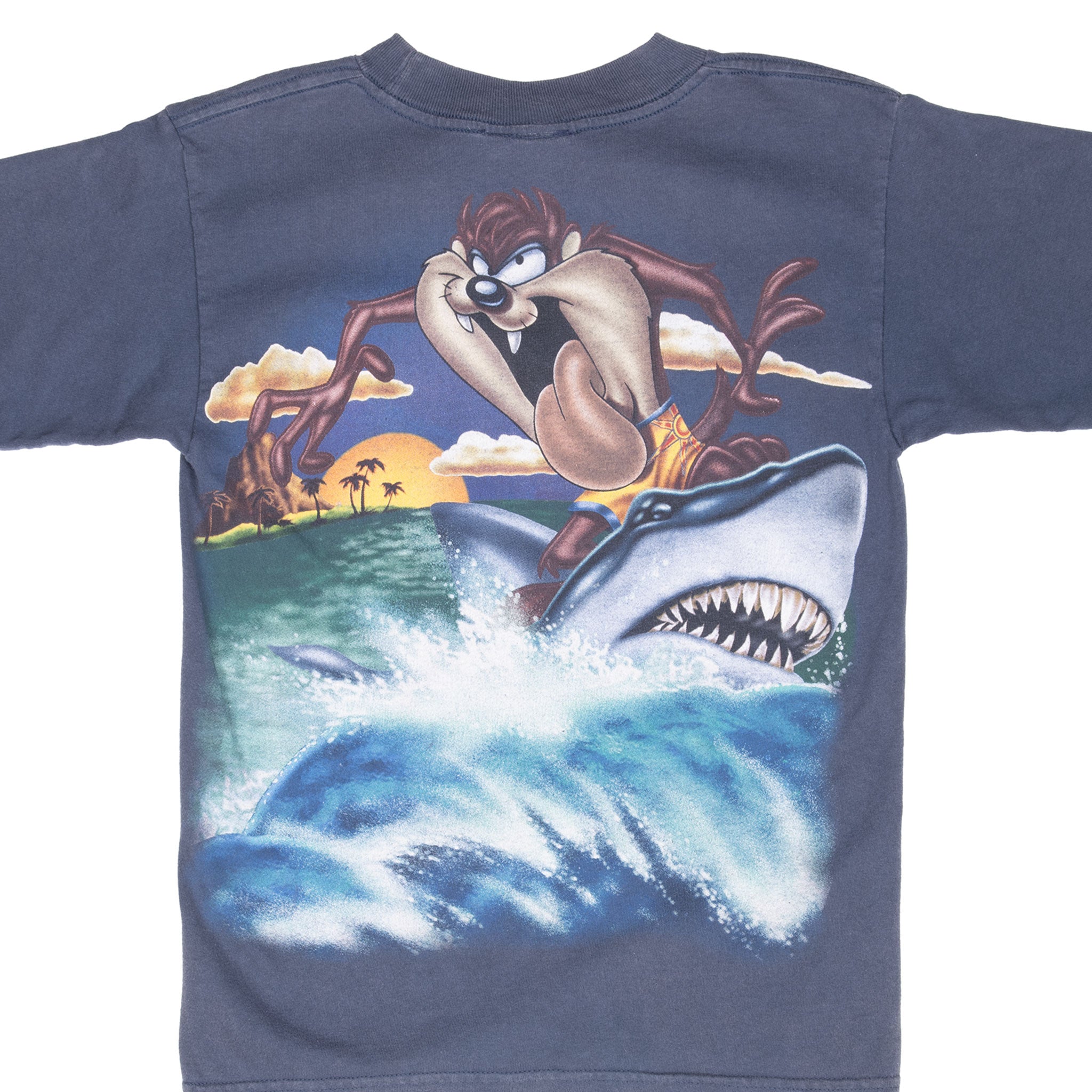 Vintage Looney Tunes Taz Shark Surfing 1997 Tee Shirt Size Small Youth