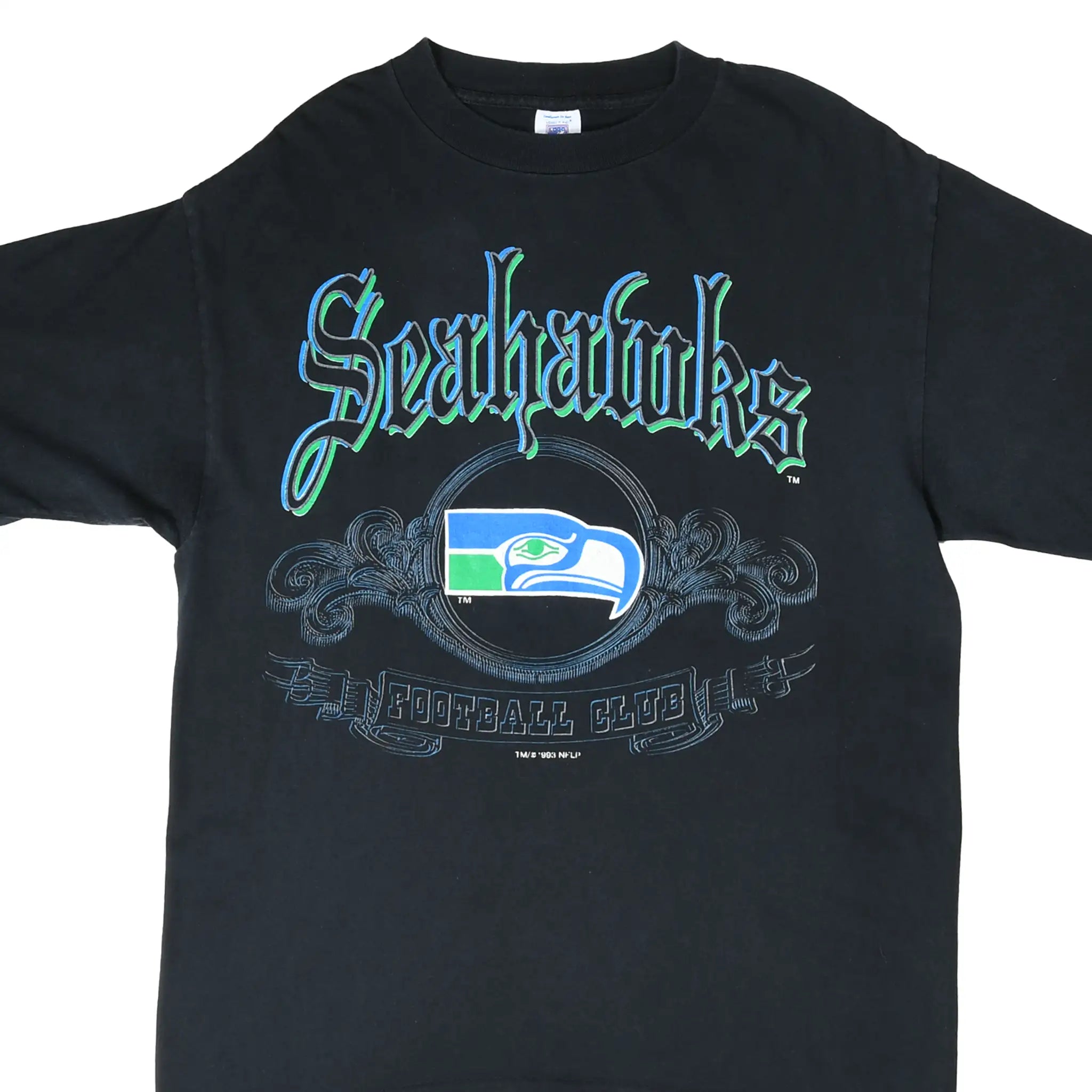 Front of black Seattle Seahawks NFL T-shirt with team logo and Football Club graphic