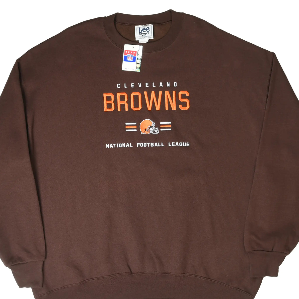 Front of brown Lee Sport Cleveland Browns sweatshirt with embroidered team name and helmet logo