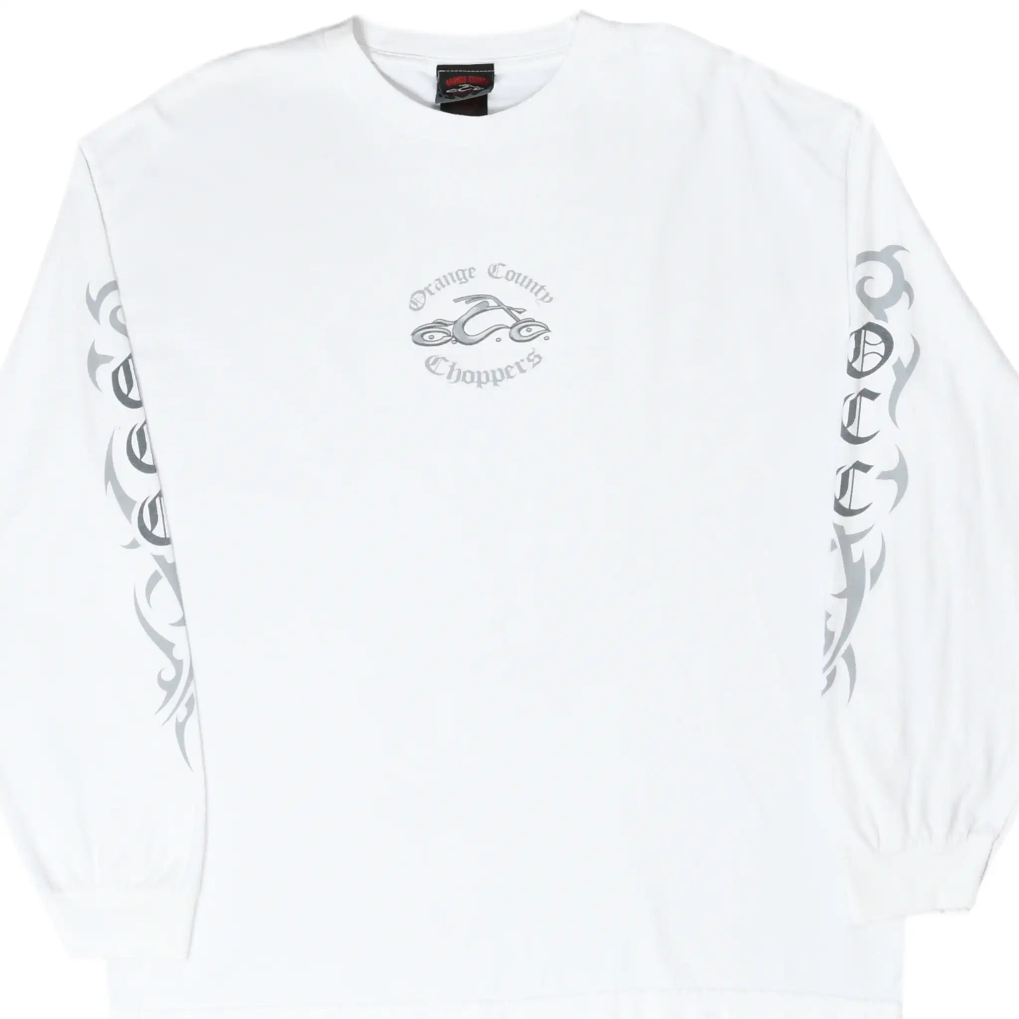 Front of white Orange County Choppers long-sleeve T-shirt with gray chest and sleeve graphics