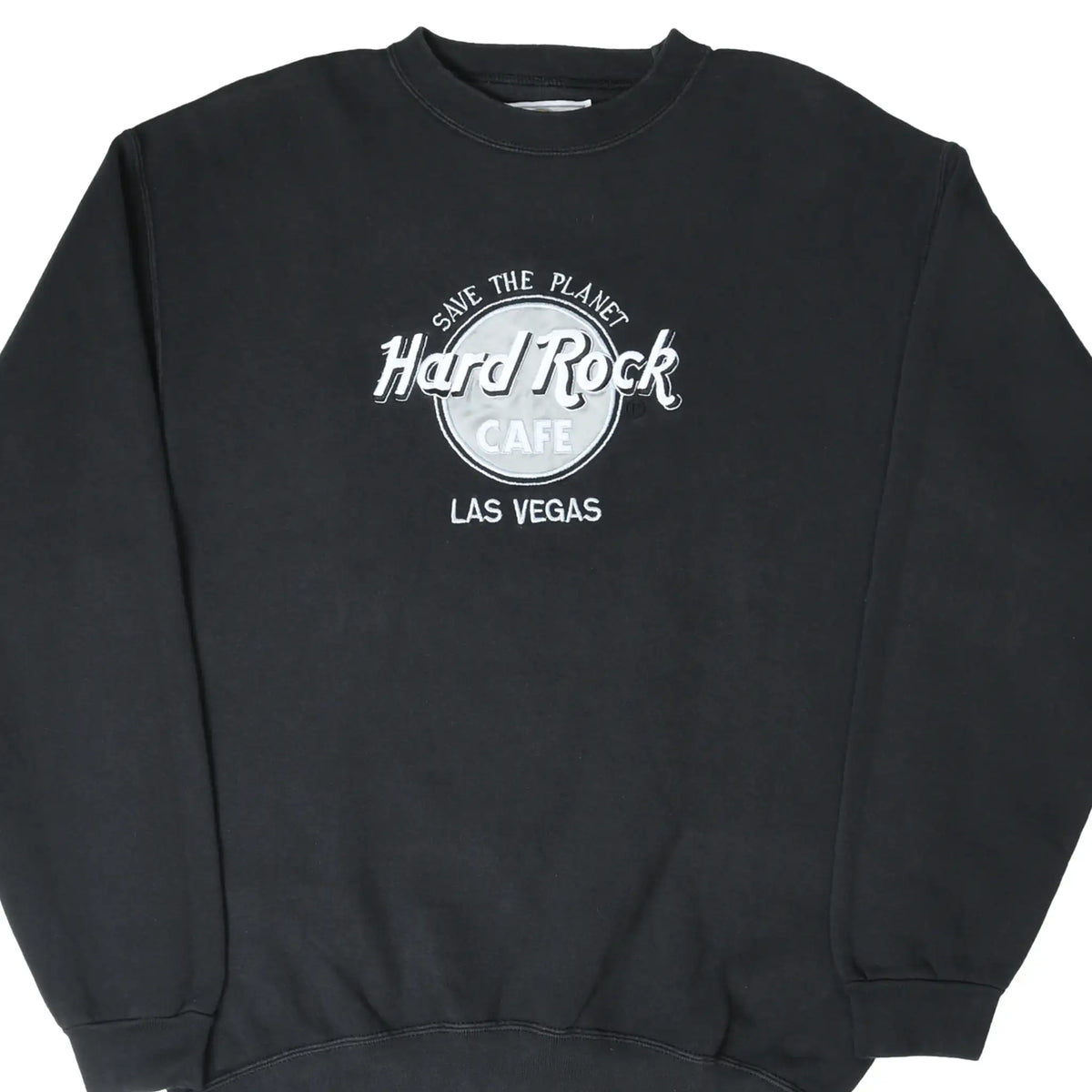 Front of black Hard Rock Cafe Las Vegas sweatshirt with gray and white embroidered logo