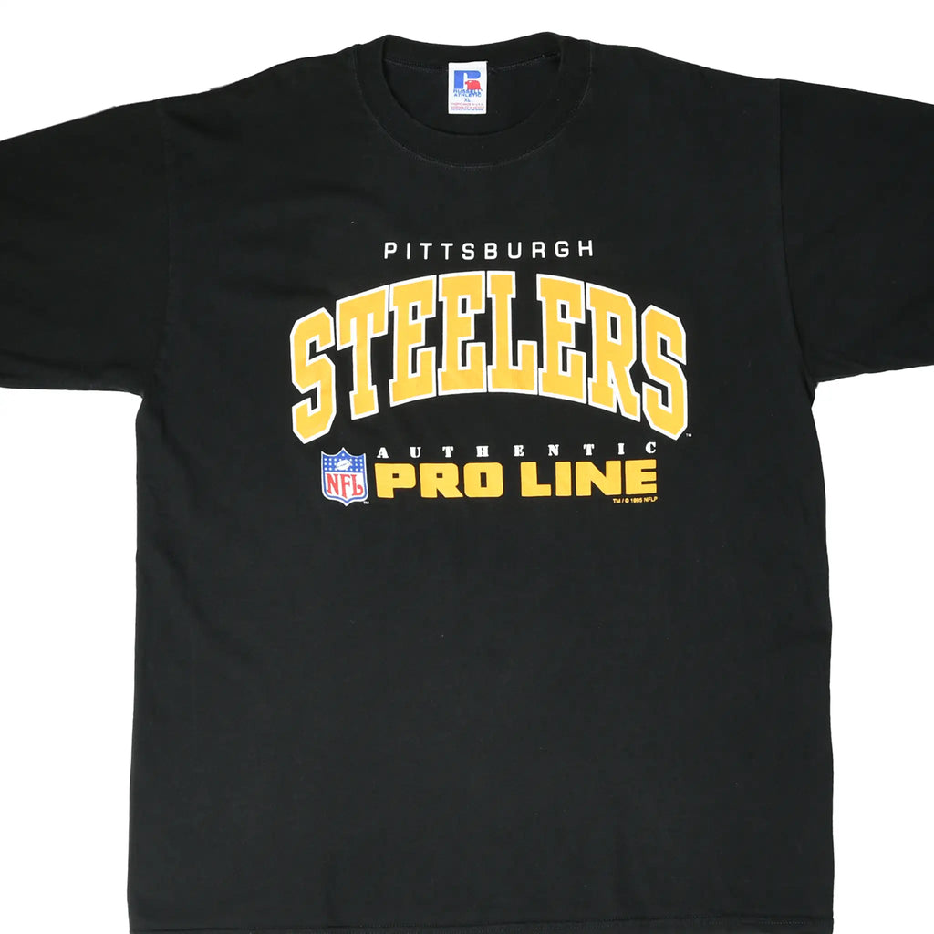 Front of black Pittsburgh Steelers Russell Athletic T-shirt with gold and white NFL Pro Line graphic