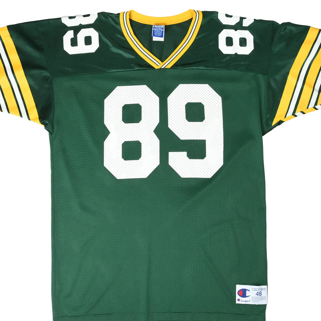 Front of green Green Bay Packers Champion jersey with white number 89 and yellow striped sleeves