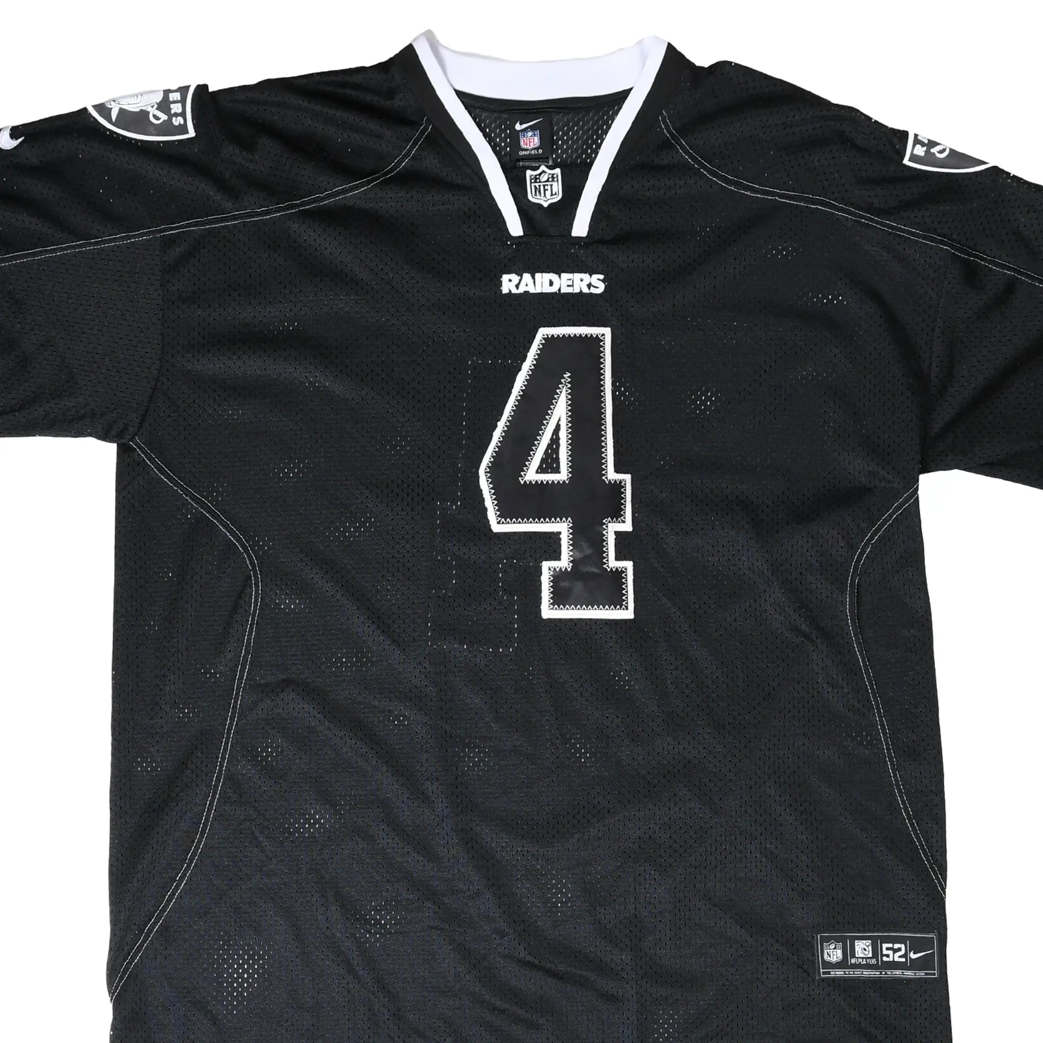 Front of black Nike Oakland Raiders Carr #4 NFL jersey with silver and white details