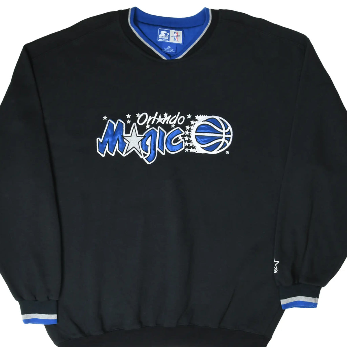Front of black Orlando Magic sweatshirt with blue and white embroidered team logo