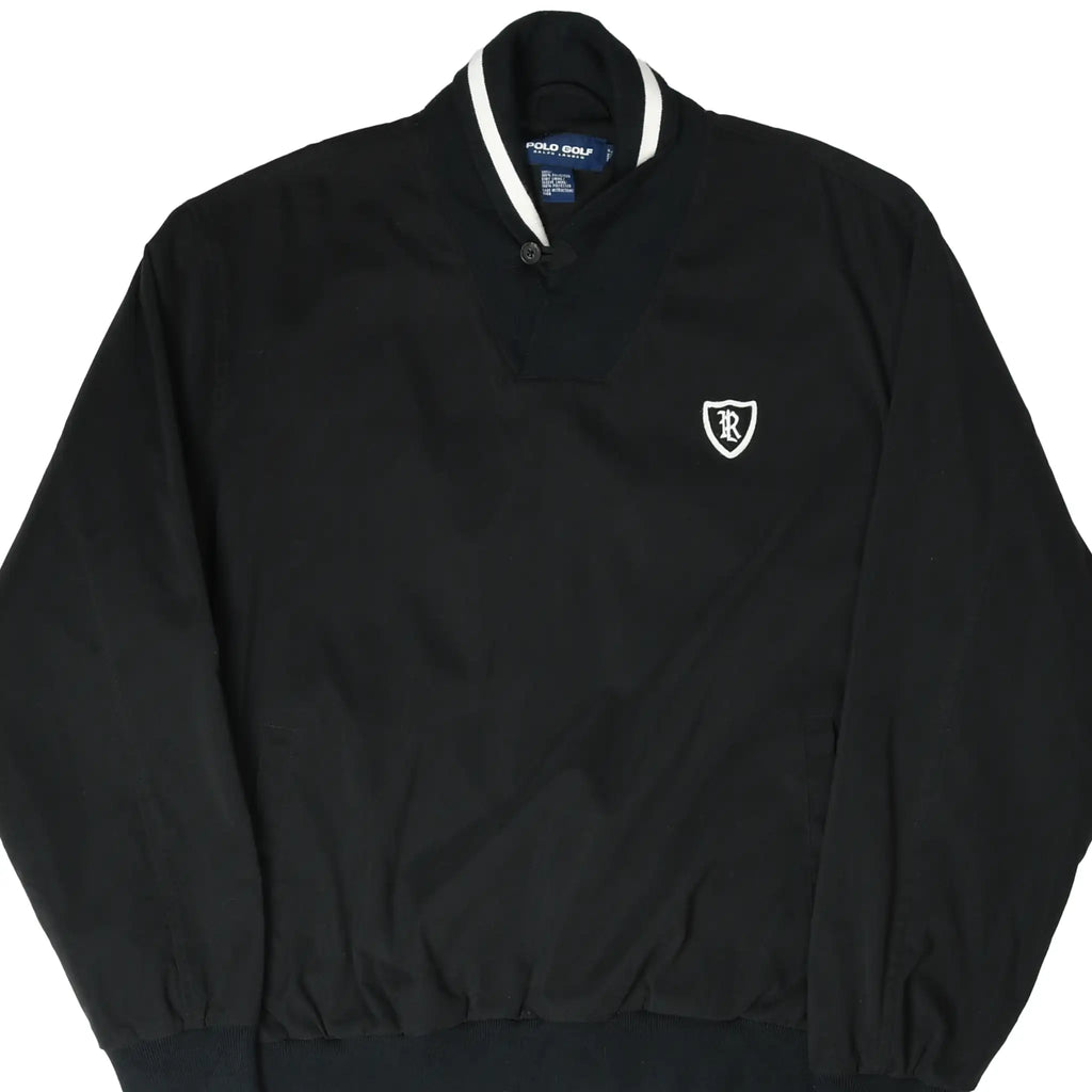Front of black Polo Golf Ralph Lauren pullover jacket with striped collar and shield embroidery