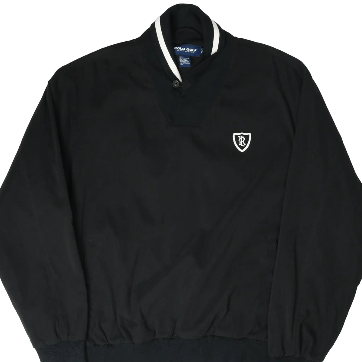 Front of black Polo Golf Ralph Lauren pullover jacket with striped collar and shield embroidery