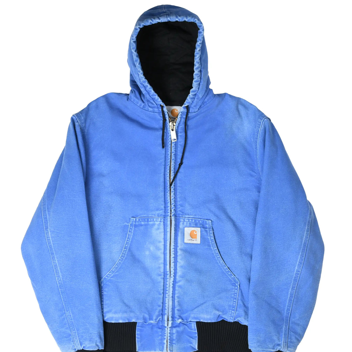 Front view of blue Carhartt hooded active jacket with zipper, black lining, and logo patch pocket
