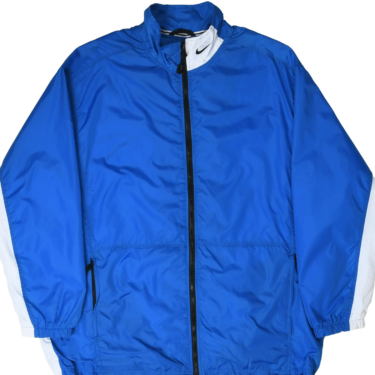 Front of blue Nike windbreaker jacket with white collar panel and black zip closure