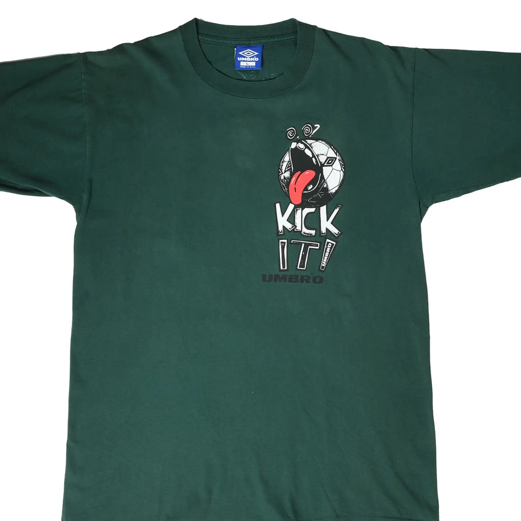 Front of green Umbro soccer T-shirt with Kick It graphic