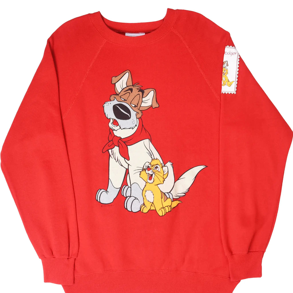 Front of red Disney sweatshirt with Oliver and Dodger character graphic