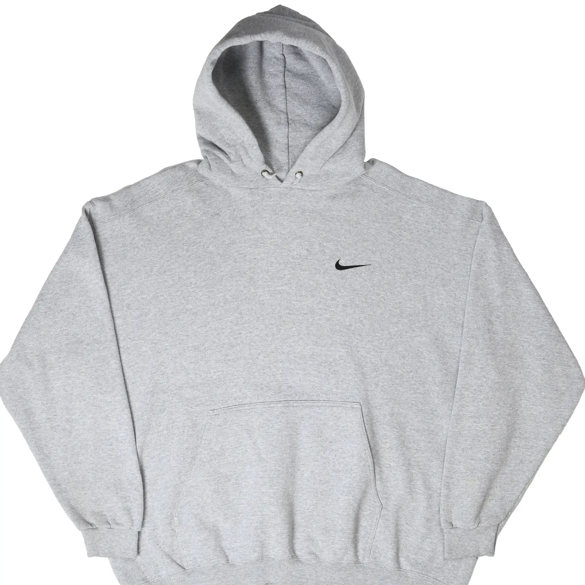 Front of grey Nike pullover hoodie with black Swoosh embroidery and kangaroo pocket