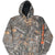 Front of Carhartt Realtree Xtra camo hoodie with orange sleeve logo and kangaroo pocket