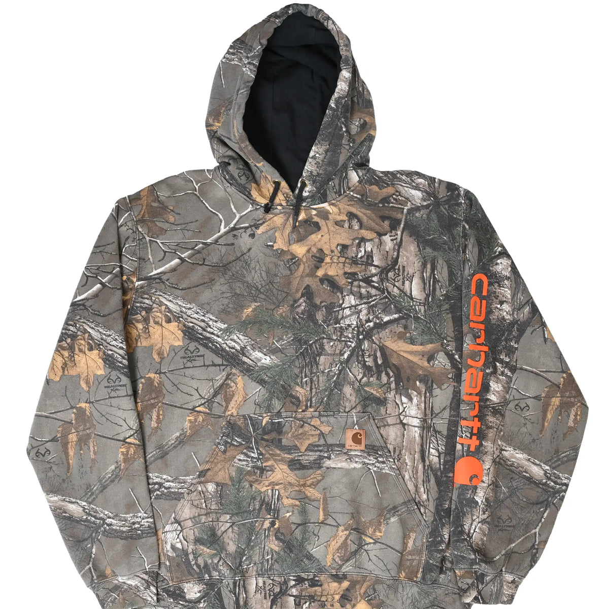 Front of Carhartt Realtree Xtra camo hoodie with orange sleeve logo and kangaroo pocket