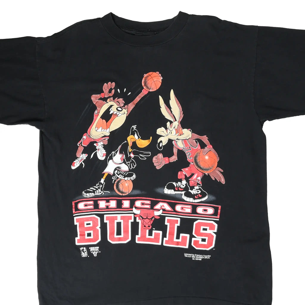 Front of black Chicago Bulls T-shirt with Taz, Daffy Duck and Wile E. Coyote basketball graphic