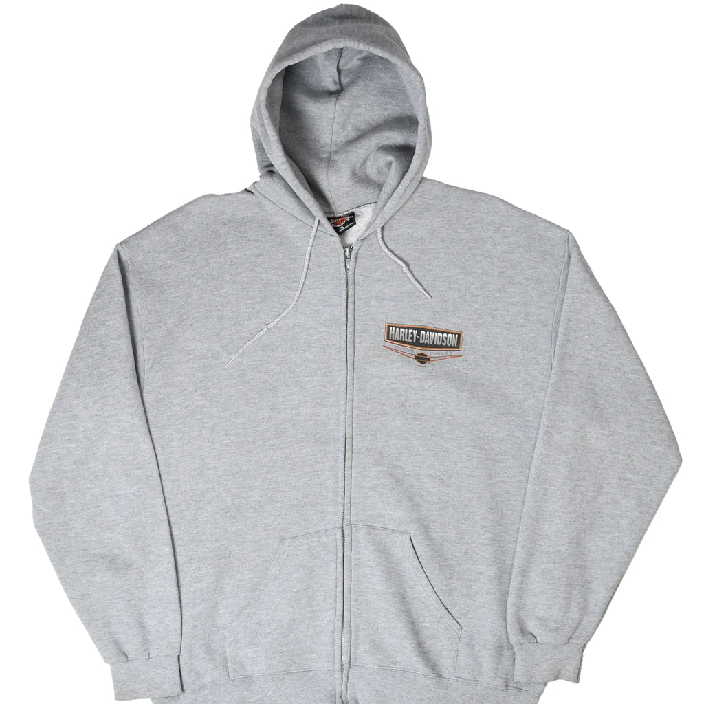 Front of gray Harley-Davidson zip-up hoodie with small chest graphic and pouch pockets