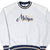 Front of gray University of Michigan sweatshirt with navy script logo and striped trim