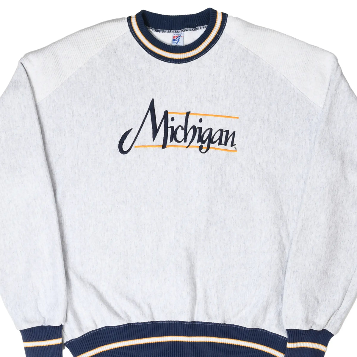 Front of gray University of Michigan sweatshirt with navy script logo and striped trim