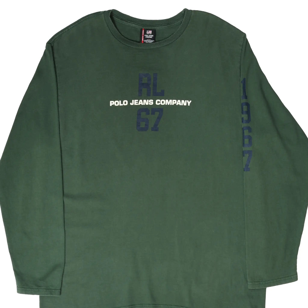 Front of green Ralph Lauren Polo Jeans long-sleeve shirt with RL 67 chest and sleeve graphics