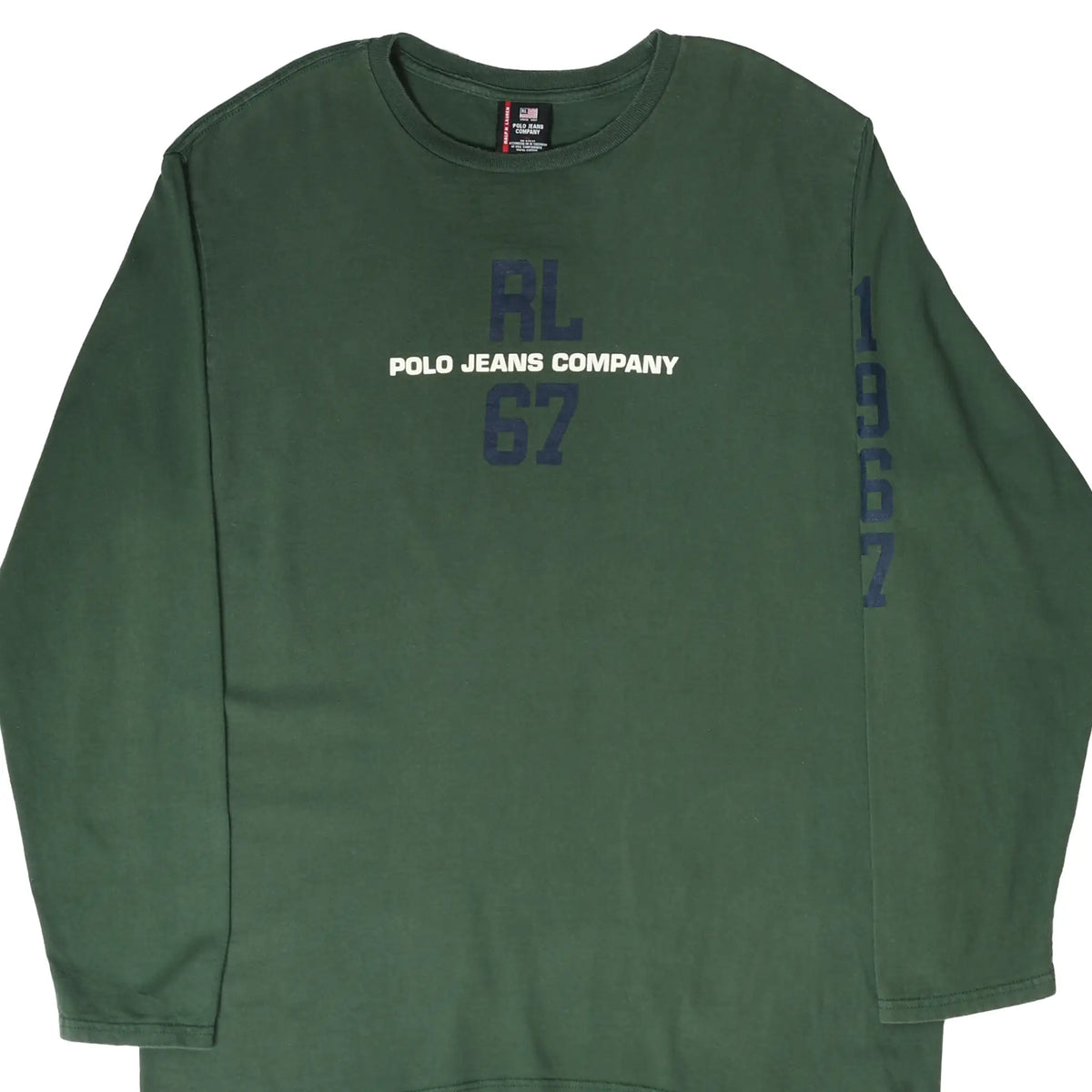 Front of green Ralph Lauren Polo Jeans long-sleeve shirt with RL 67 chest and sleeve graphics