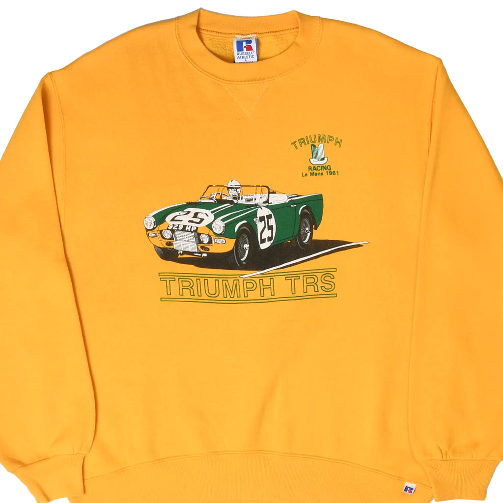 Front of gold Triumph TRS sweatshirt with green number 25 Le Mans racing car graphic