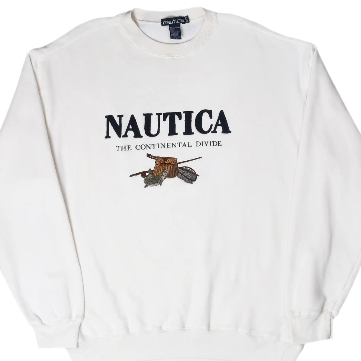 Front of white Nautica sweatshirt with The Continental Divide fishing graphic