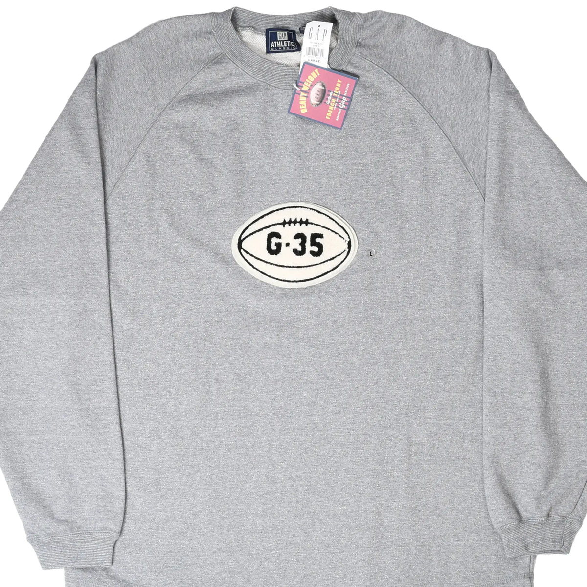 Front of grey Gap football sweatshirt with G-35 football patch and retail tags