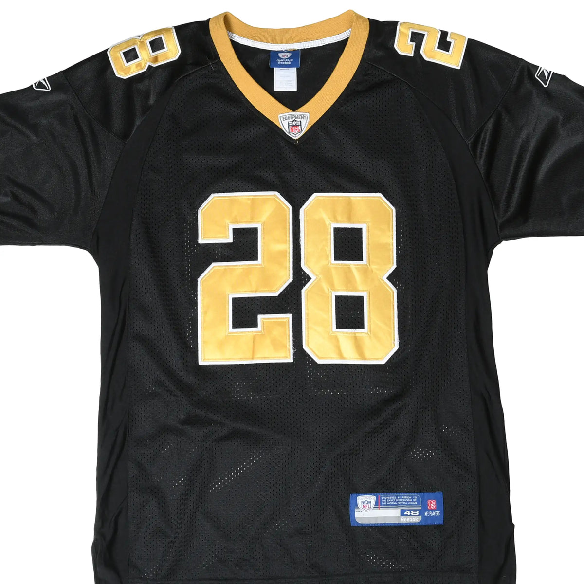 Front of black New Orleans Saints Reebok jersey with gold and white number 28