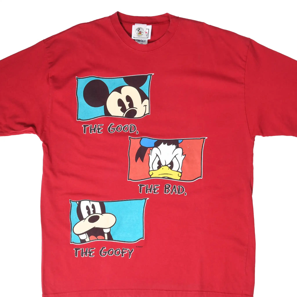 Front of red Disney T-shirt with Mickey, Donald Duck and Goofy character graphic