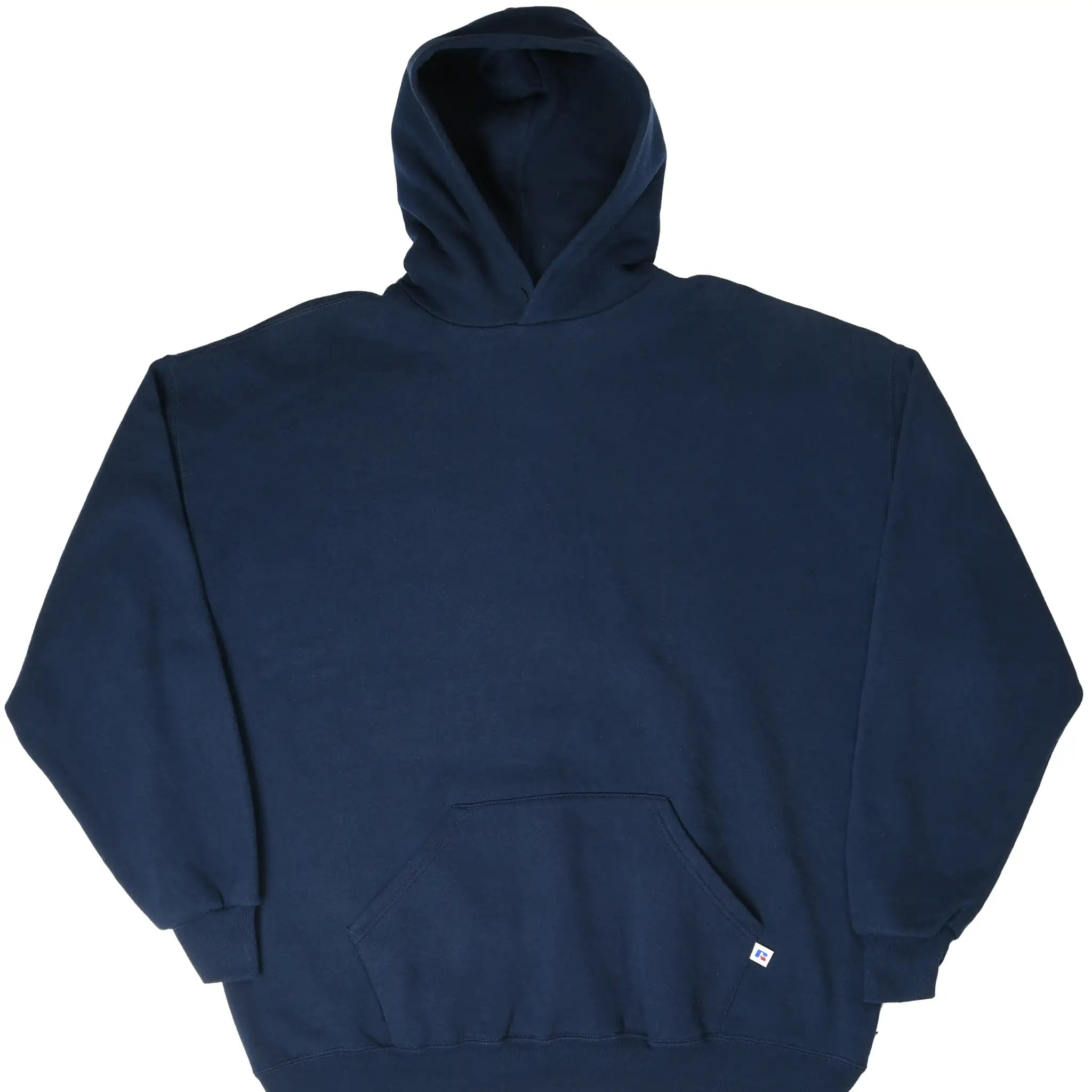 Front of blank navy blue Russell Athletic pullover hoodie with kangaroo pocket