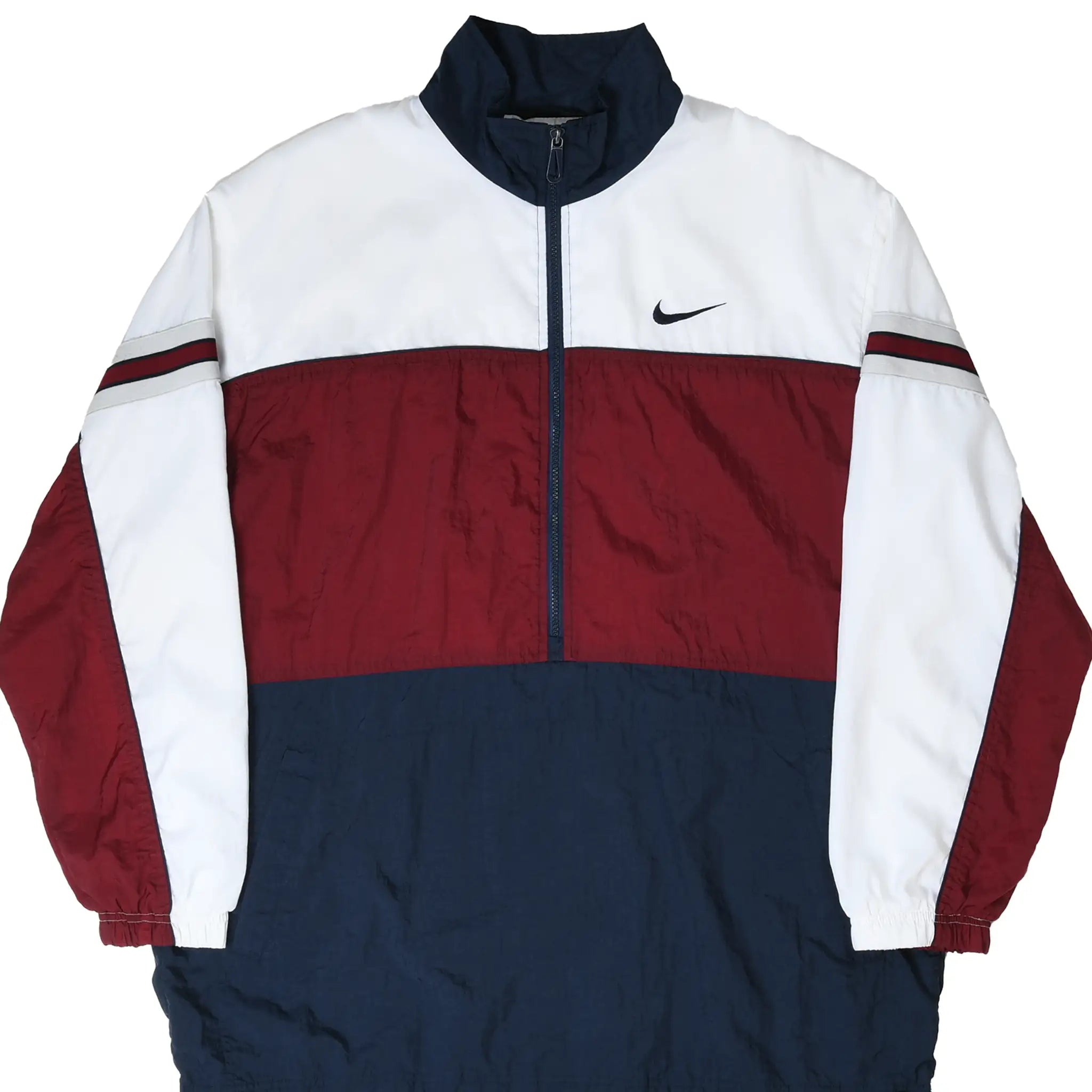 Front of Nike windbreaker jacket with white, burgundy and navy color blocking