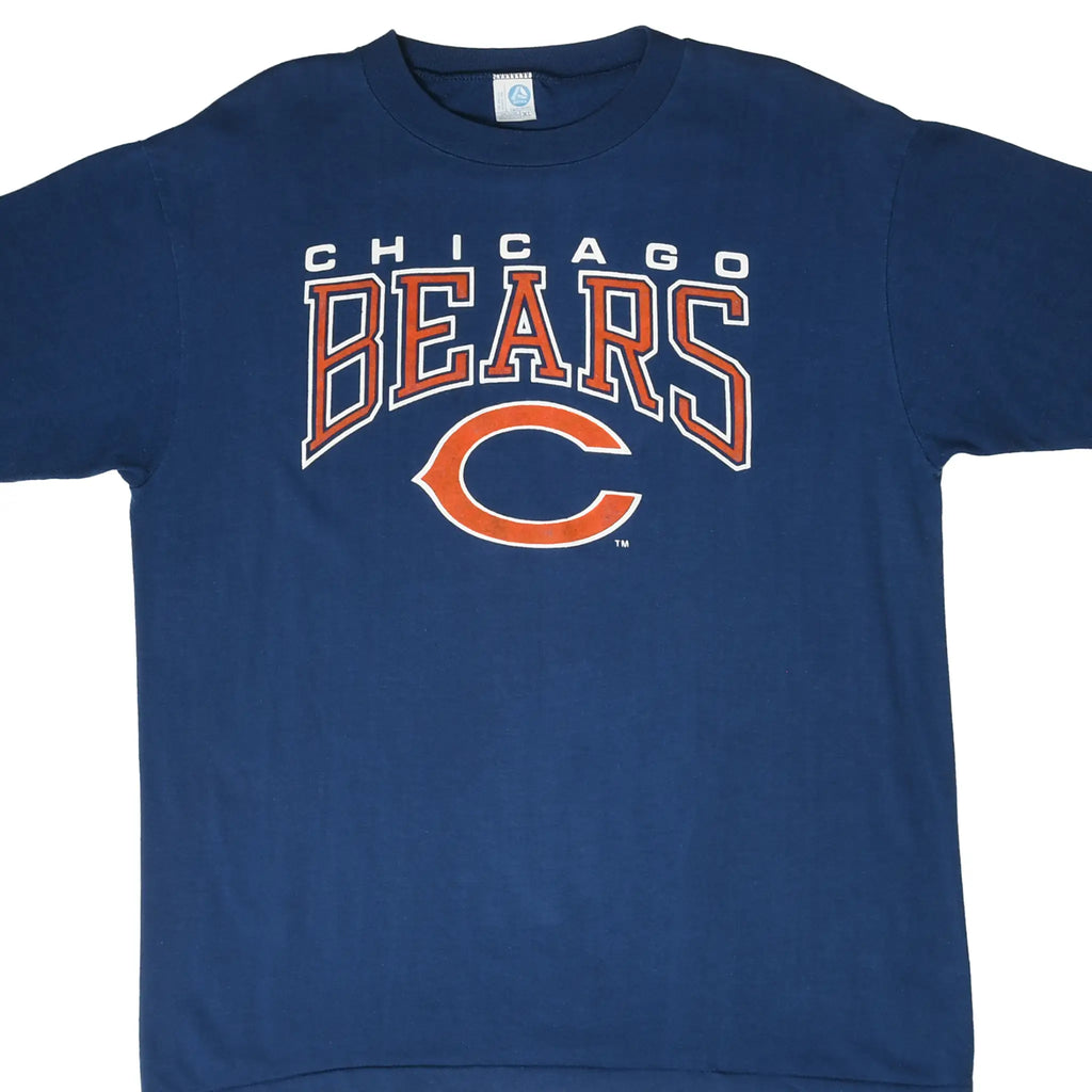 Cropped front view of navy Chicago Bears T-shirt with orange and white team logo print