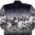 Front of Mazmania fleece jacket with wolf pack print in black, gray, cream and tan