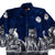Cropped front view of navy Mazmania zip fleece jacket with gray wolves, moons and stars